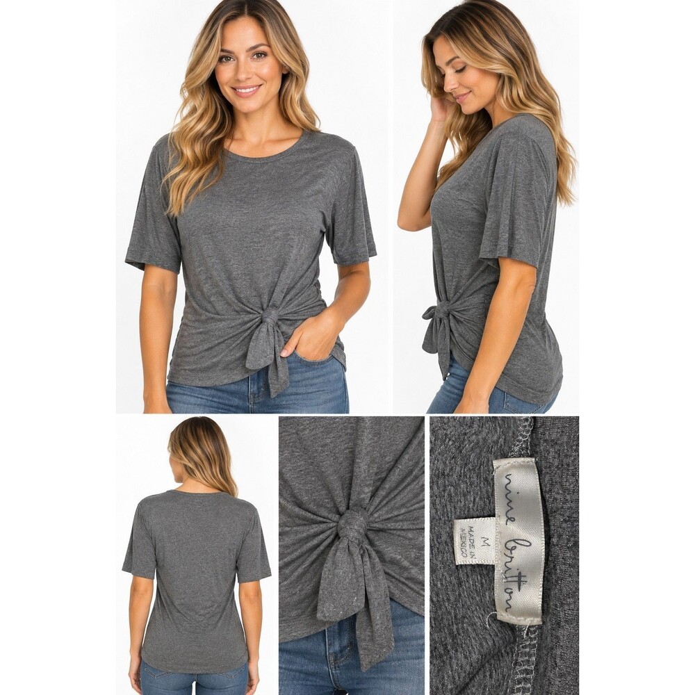 Nine Britton Women’s Gray Front Tie Knot Short Sleeve Top Size Medium